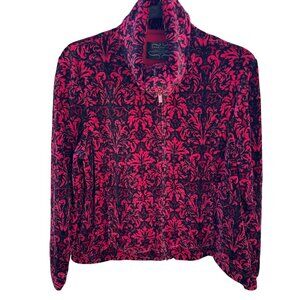 Charter Club Womens Petite L Red Black Velvet Velour Damask Zip-Up Bomber Jacket